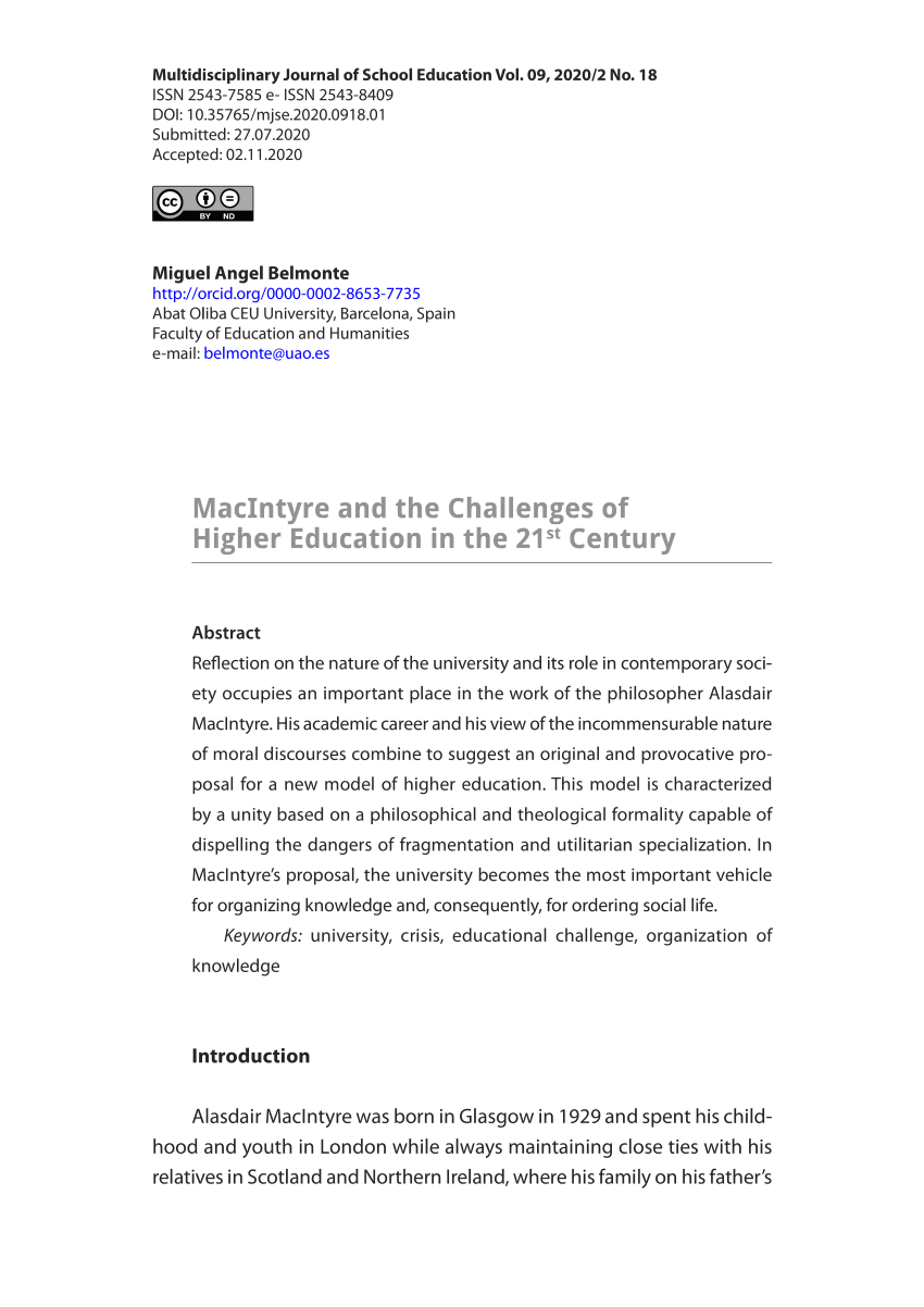 Pdf Macintyre And The Challenges Of Higher Education In The 21st Century