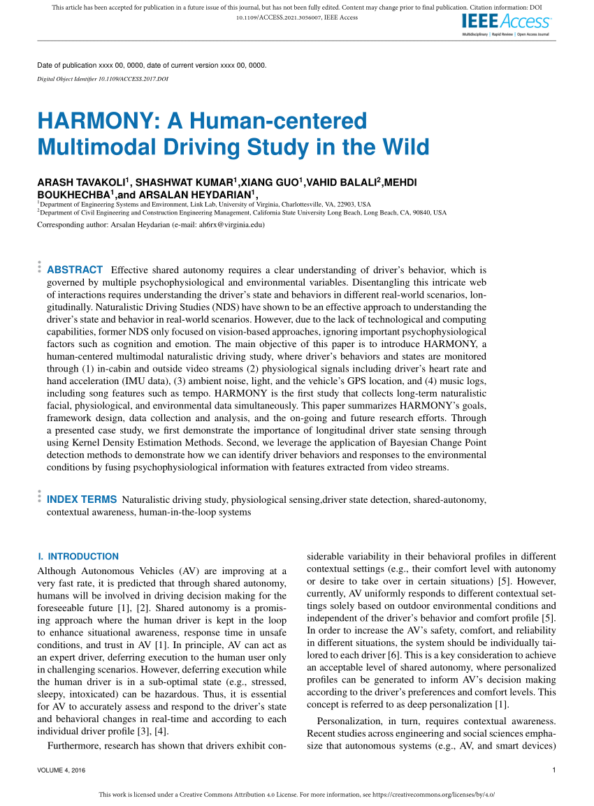 Pdf Harmony A Human Centered Multimodal Driving Study In The Wild