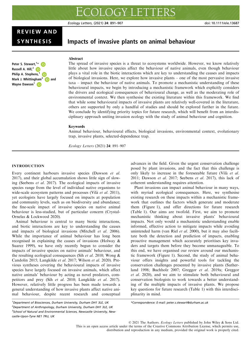 PDF) Impacts of invasive plants on animal behaviour