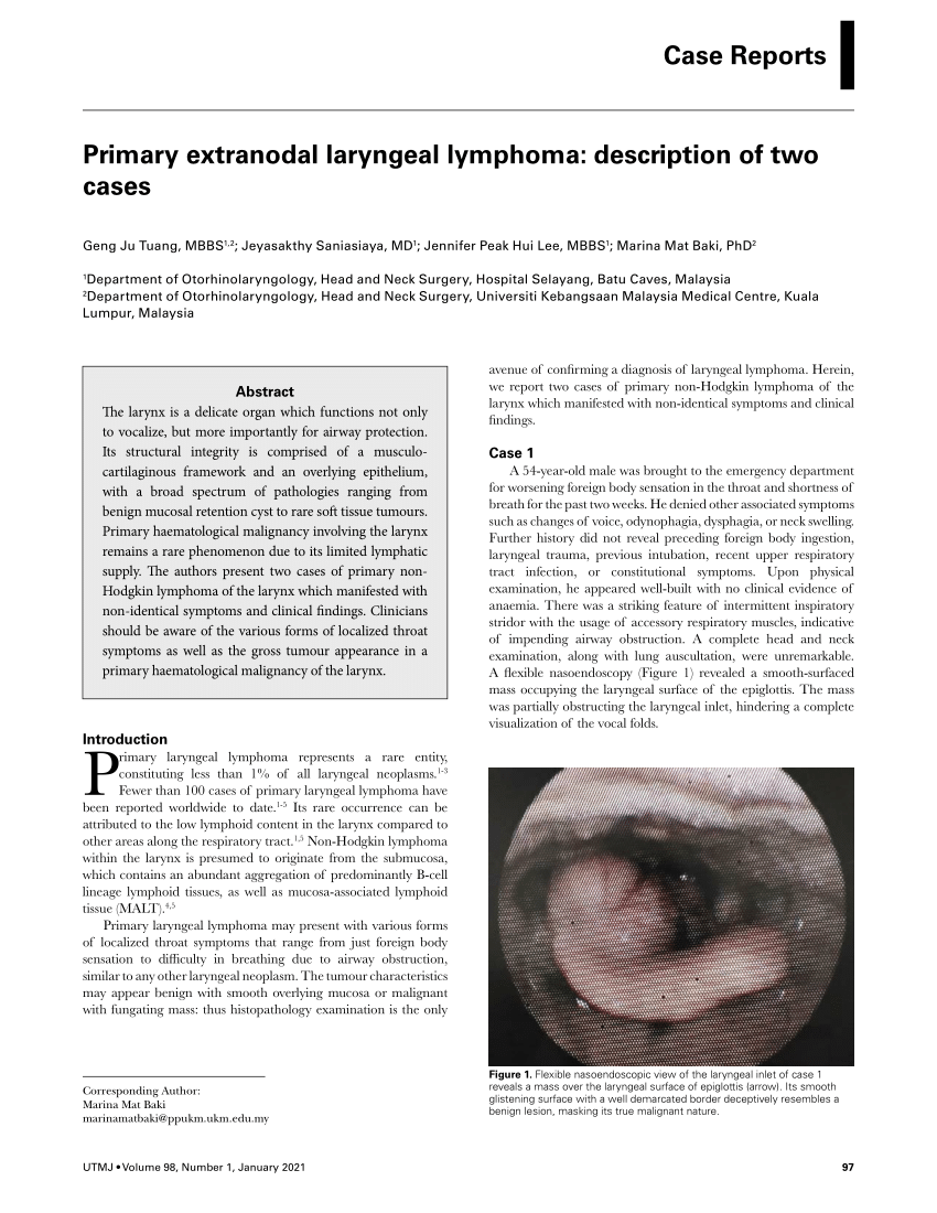 Pdf Case Reports Primary Extranodal Laryngeal Lymphoma Description Of Two Cases 