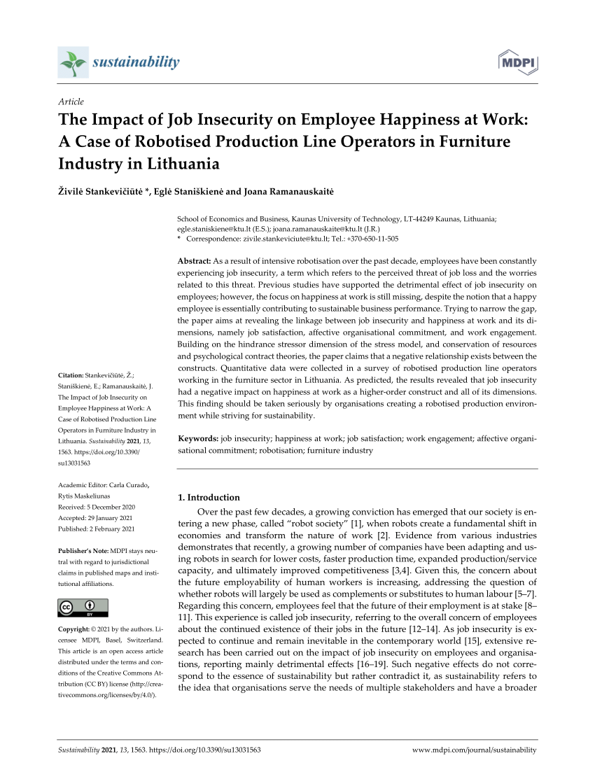 Pdf The Impact Of Job Insecurity On Employee Happiness At Work A Case Of Robotised Production Line Operators In Furniture Industry In Lithuania