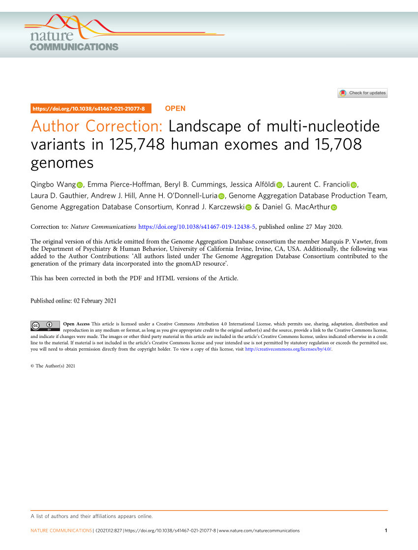sporadisk Alligevel Mammoth PDF) Author Correction: Landscape of multi-nucleotide variants in 125,748  human exomes and 15,708 genomes