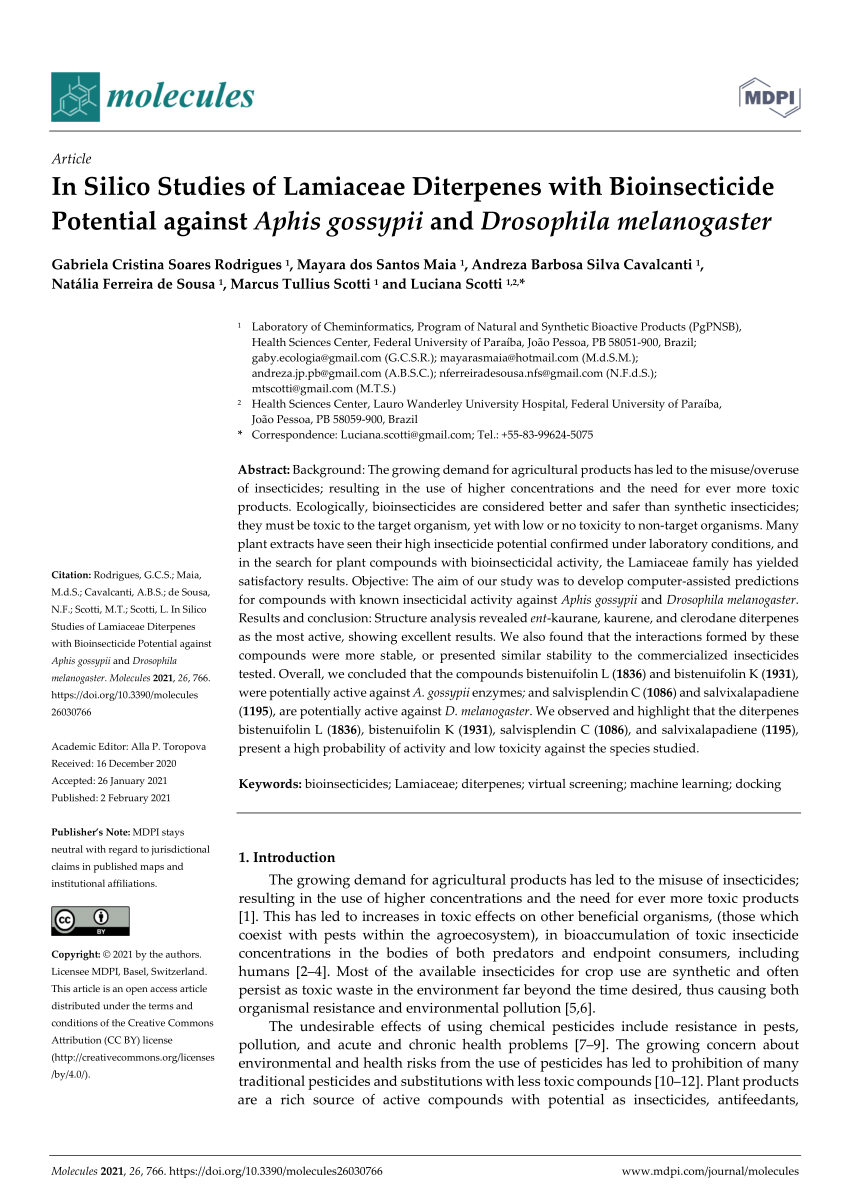 Pdf In Silico Studies Of Lamiaceae Diterpenes With Bioinsecticide Potential Against Aphis Gossypii And Drosophila Melanogaster
