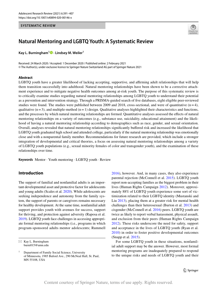 Natural Mentoring And Lgbtq Youth A Systematic Review Request Pdf