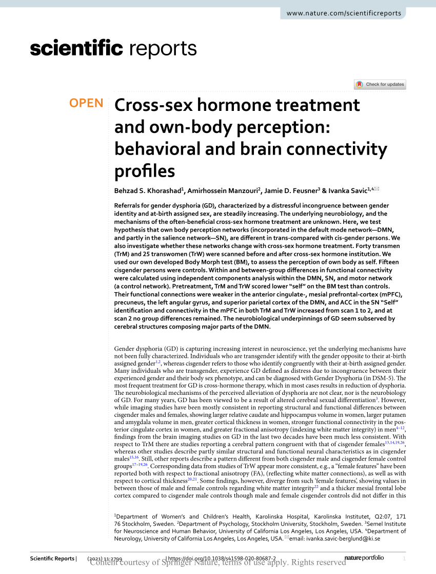 Pdf Cross Sex Hormone Treatment And Own Body Perception Behavioral And Brain Connectivity 