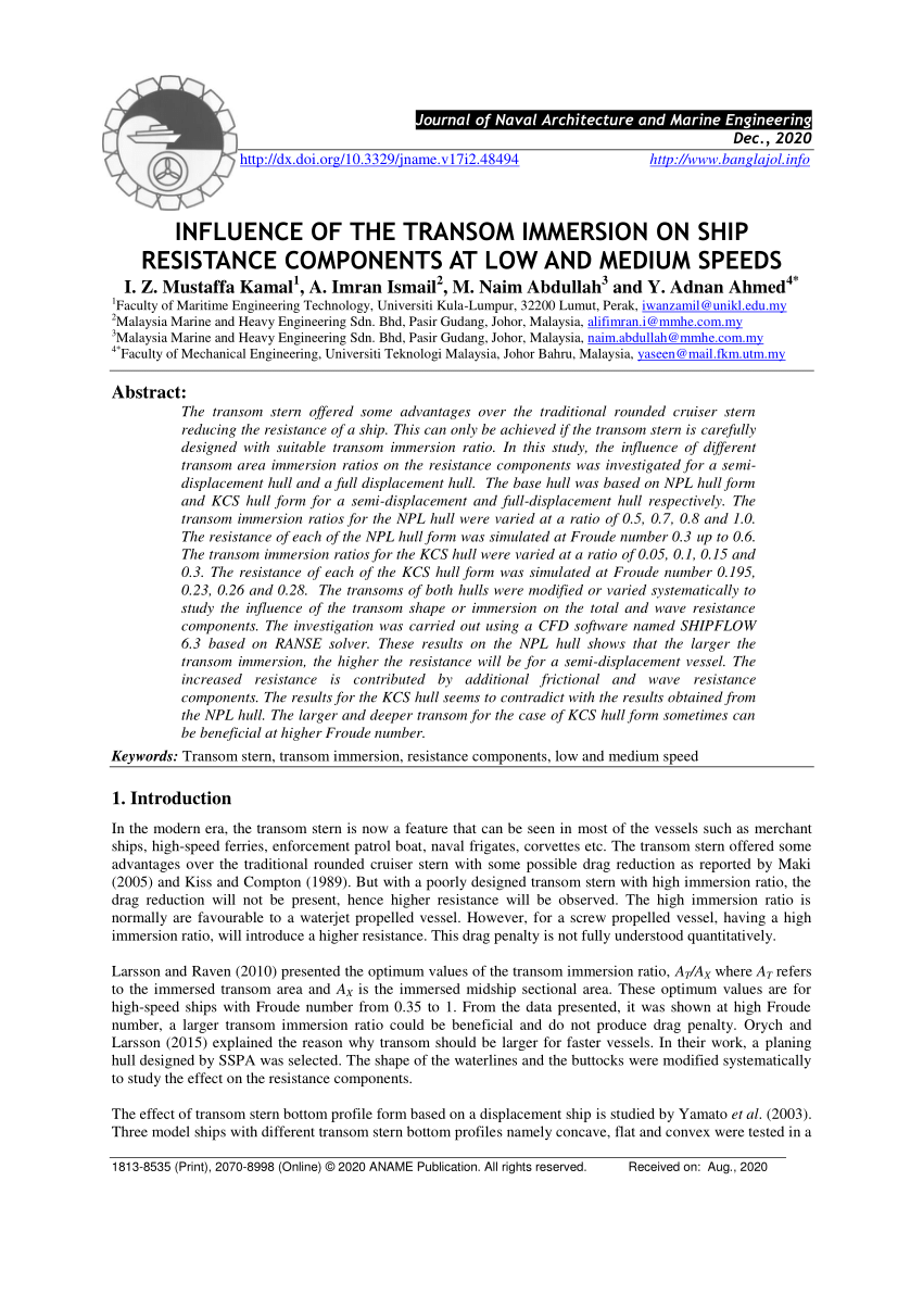PDF) Influence of the transom immersion to ship resistance ...