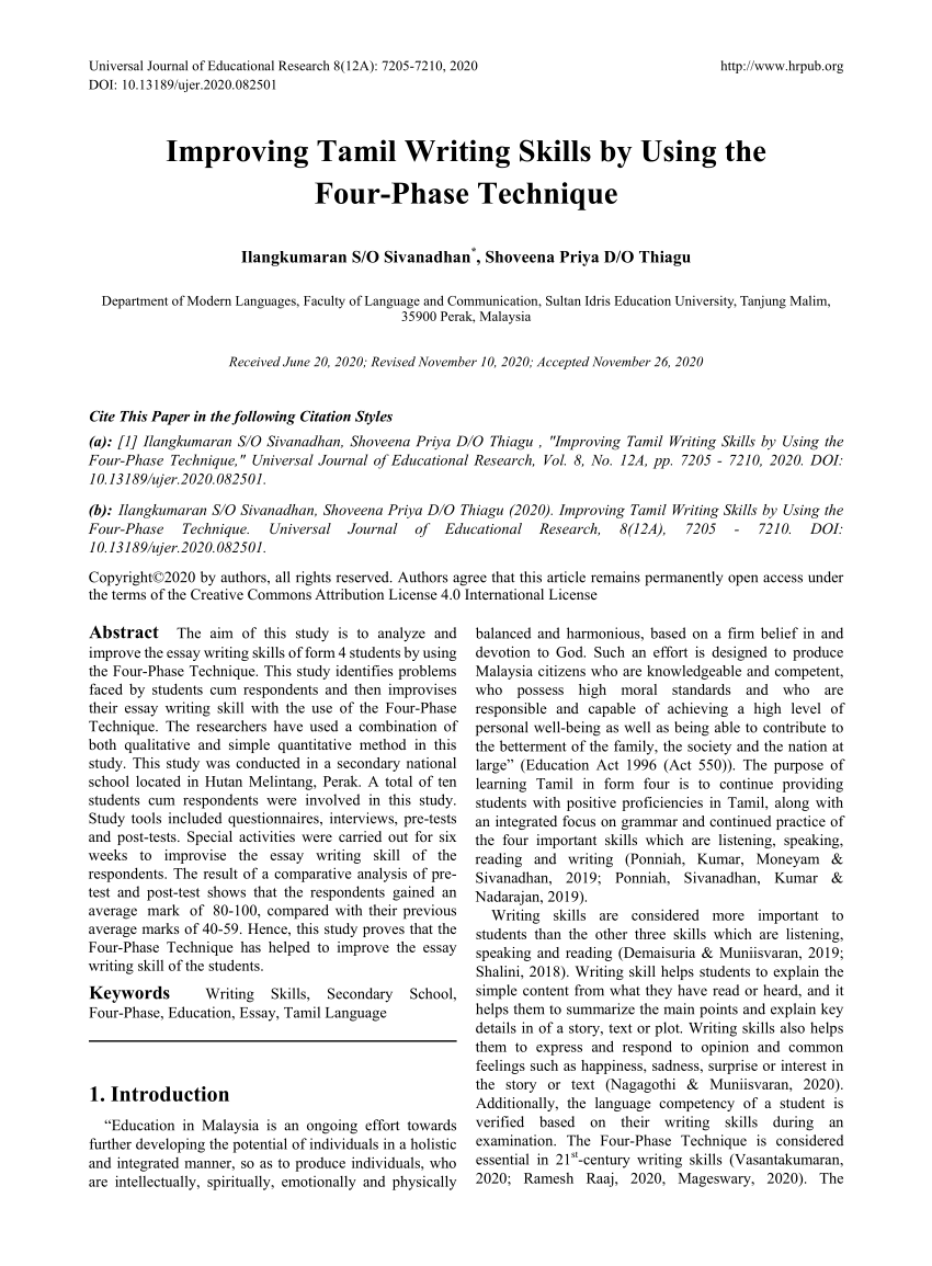 PDF) Improving Tamil Writing Skills by Using the Four-Phase Technique