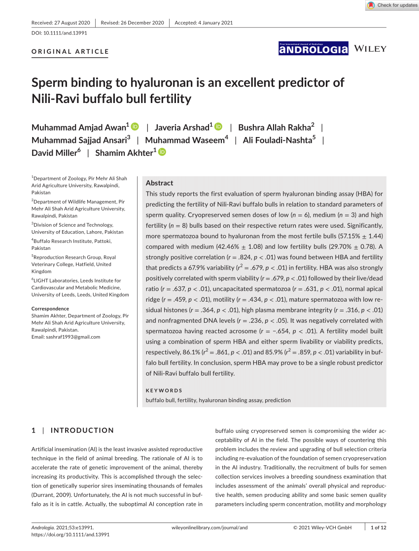 Pdf Sperm Binding To Hyaluronan Is An Excellent Predictor Of Nili Ravi Buffalo Bull Fertility 