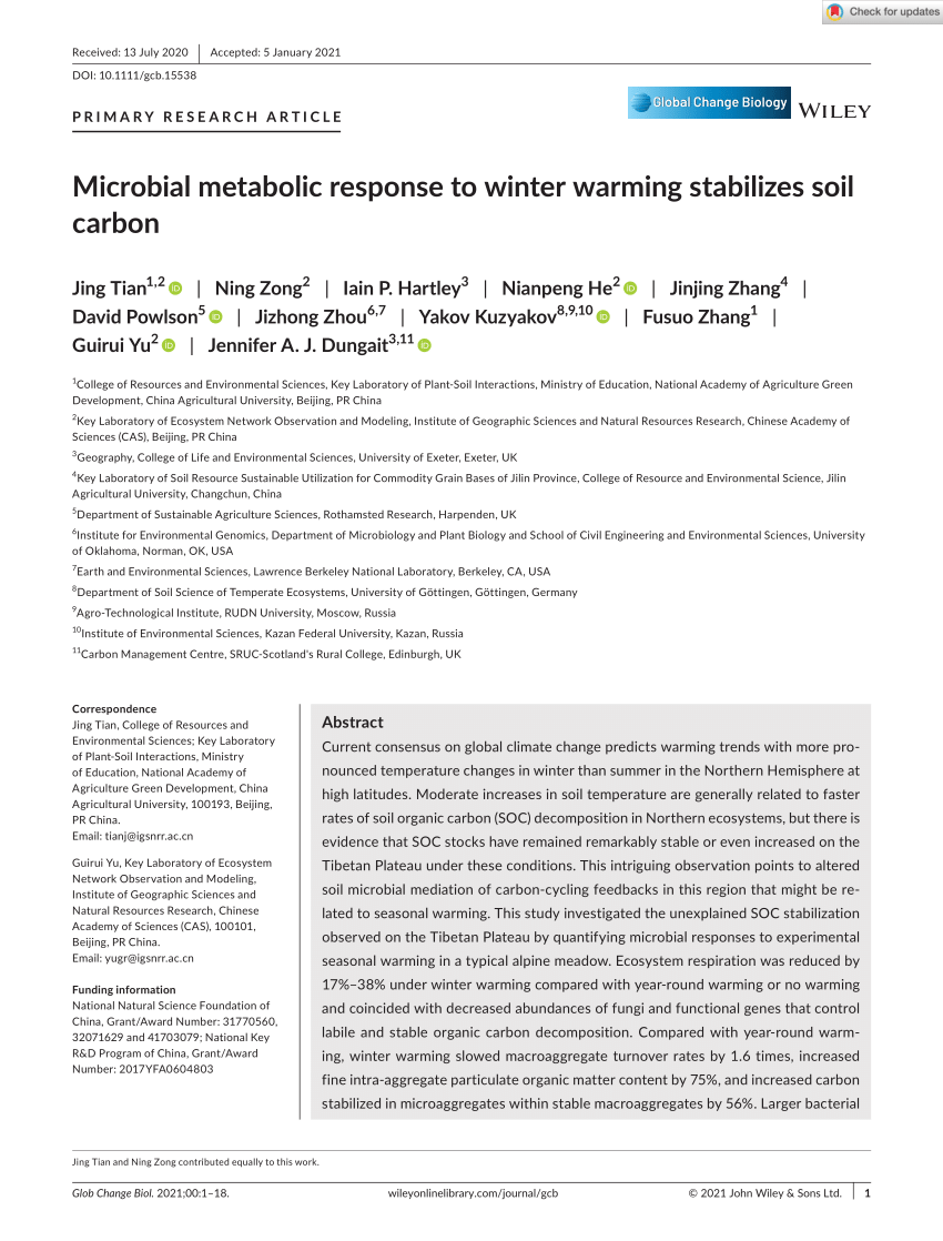 Pdf Microbial Metabolic Response To Winter Warming Stabilizes Soil Carbon