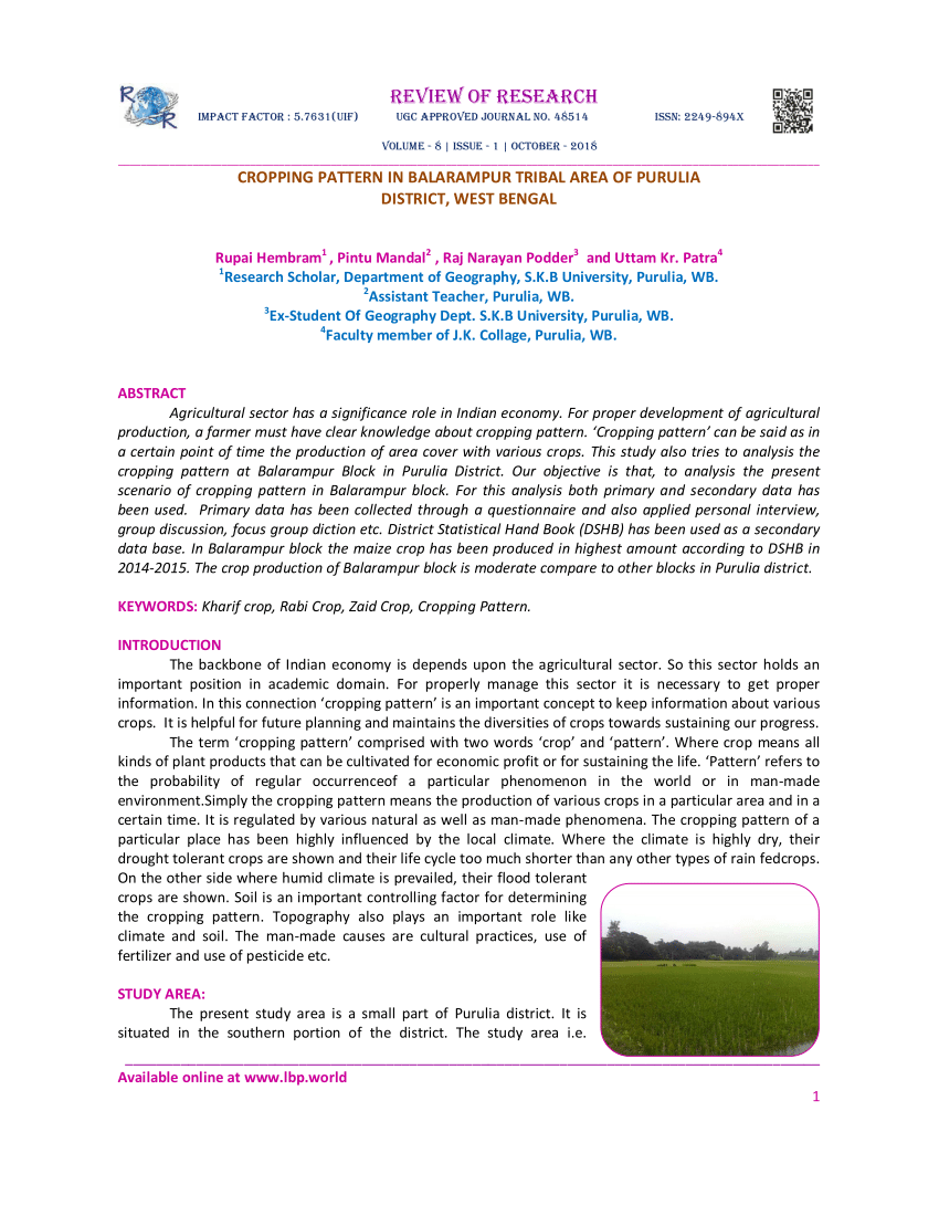 (PDF) CROPPING PATTERN IN BALARAMPUR TRIBAL AREA OF PURULIA DISTRICT ...