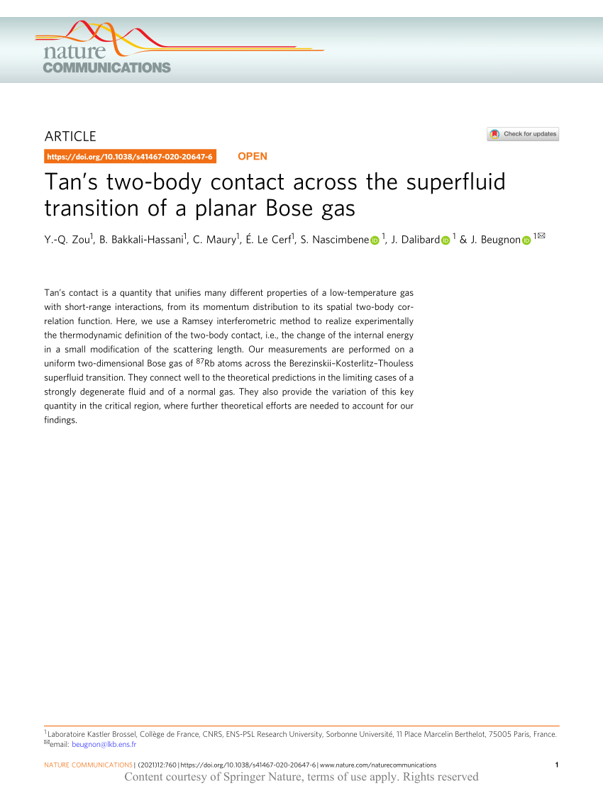 Pdf Tan S Two Body Contact Across The Superfluid Transition Of A Planar Bose Gas