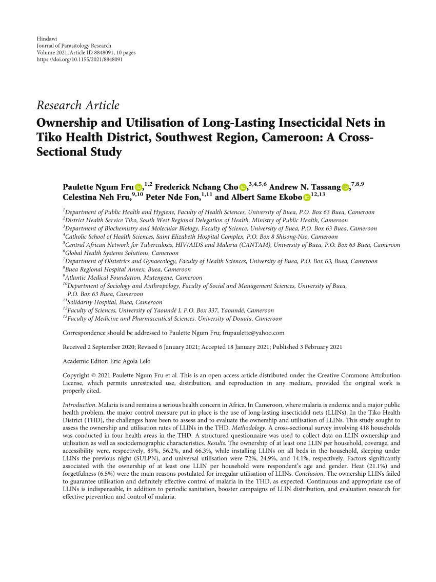 PDF) Ownership and Utilisation of Long-Lasting Insecticidal Nets in Tiko Health District, Southwest Region, Cameroon A Cross- Sectional Study bild