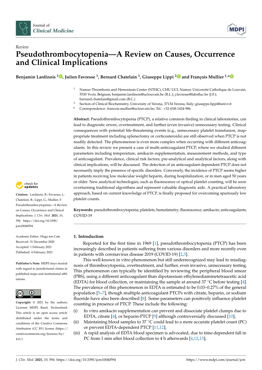 Pdf Pseudothrombocytopenia A Review On Causes Occurrence And Clinical Implications