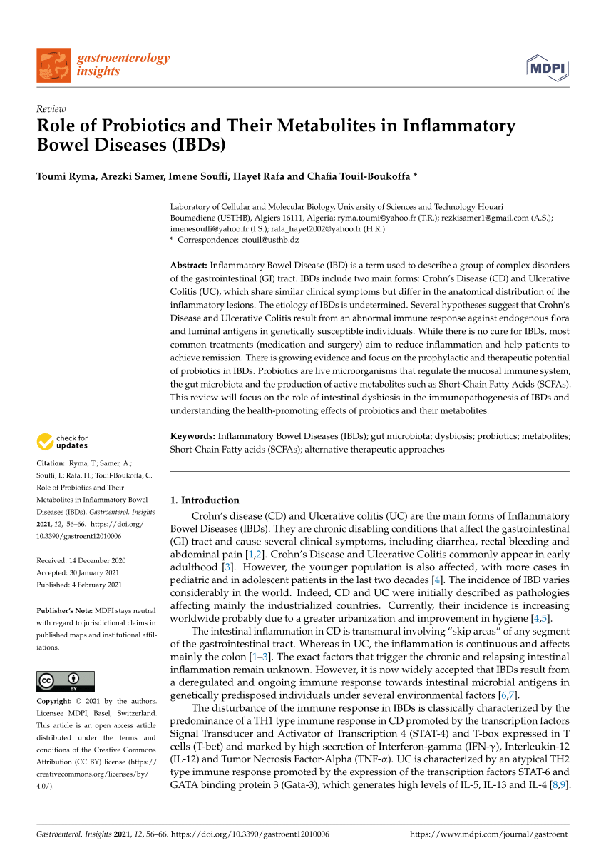 Pdf Role Of Probiotics And Their Metabolites In Inflammatory Bowel Diseases Ibds