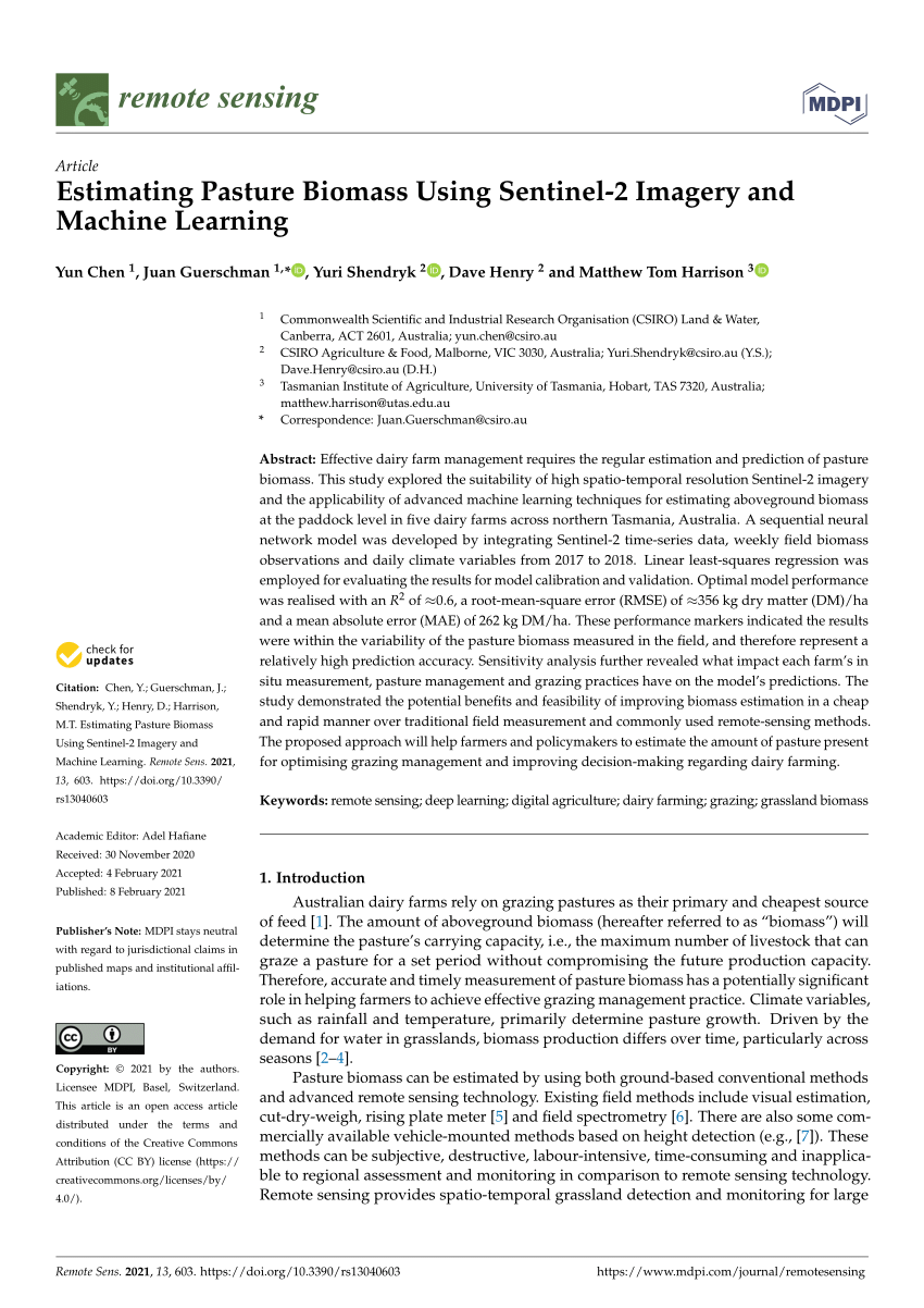 PDF Estimating pasture biomass using Sentinel 2 imagery and deep