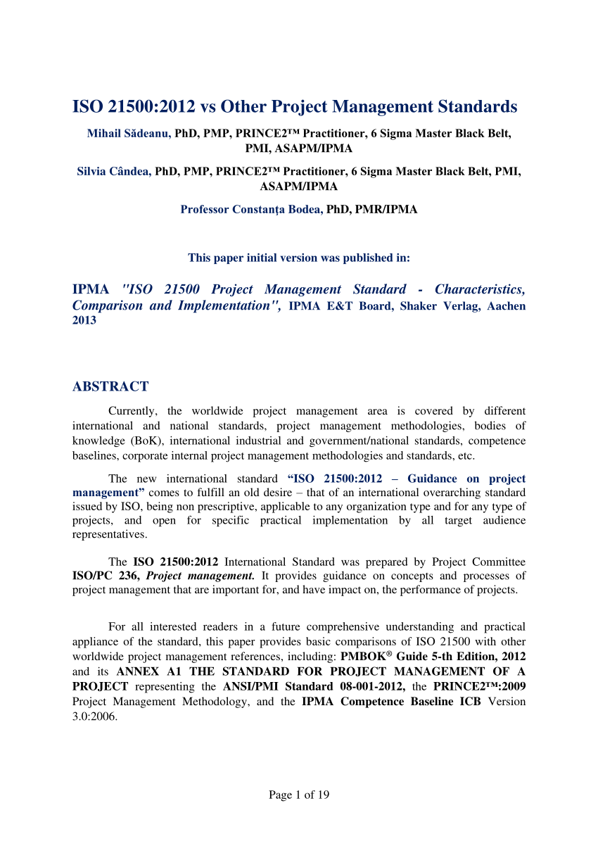 PDF ISO 21500 2012 vs Other Project Management Standards