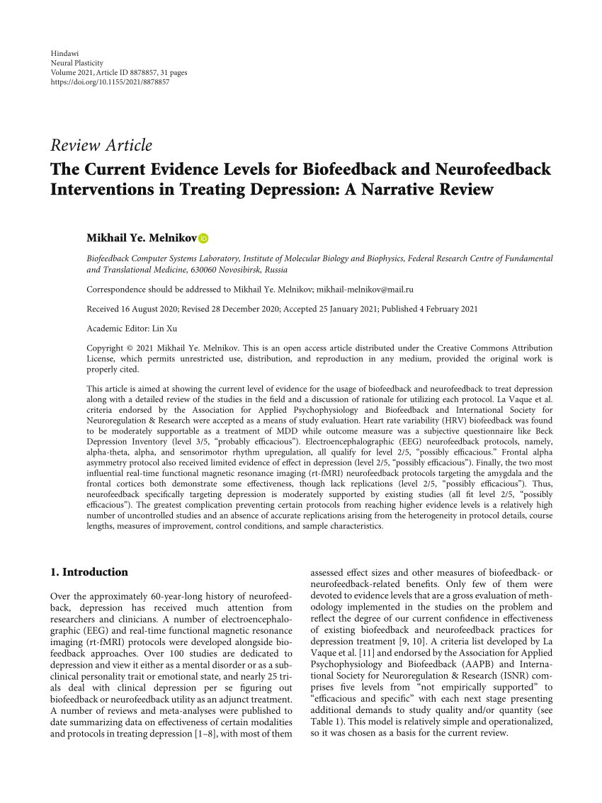 Pdf The Current Evidence Levels For Biofeedback And Neurofeedback Interventions In Treating Depression A Narrative Review
