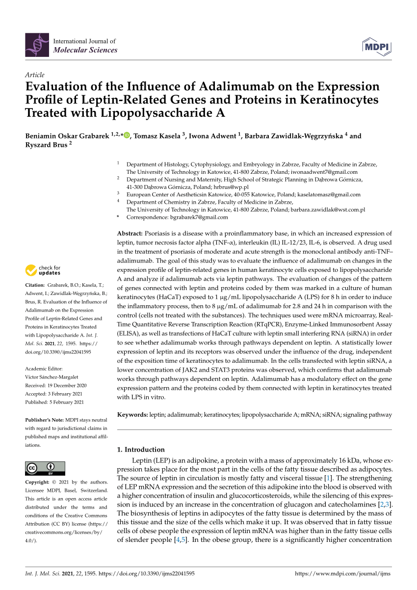 Pdf Evaluation Of The Influence Of Adalimumab On The Expression Profile Of Leptin Related Genes And Proteins In Keratinocytes Treated With Lipopolysaccharide A