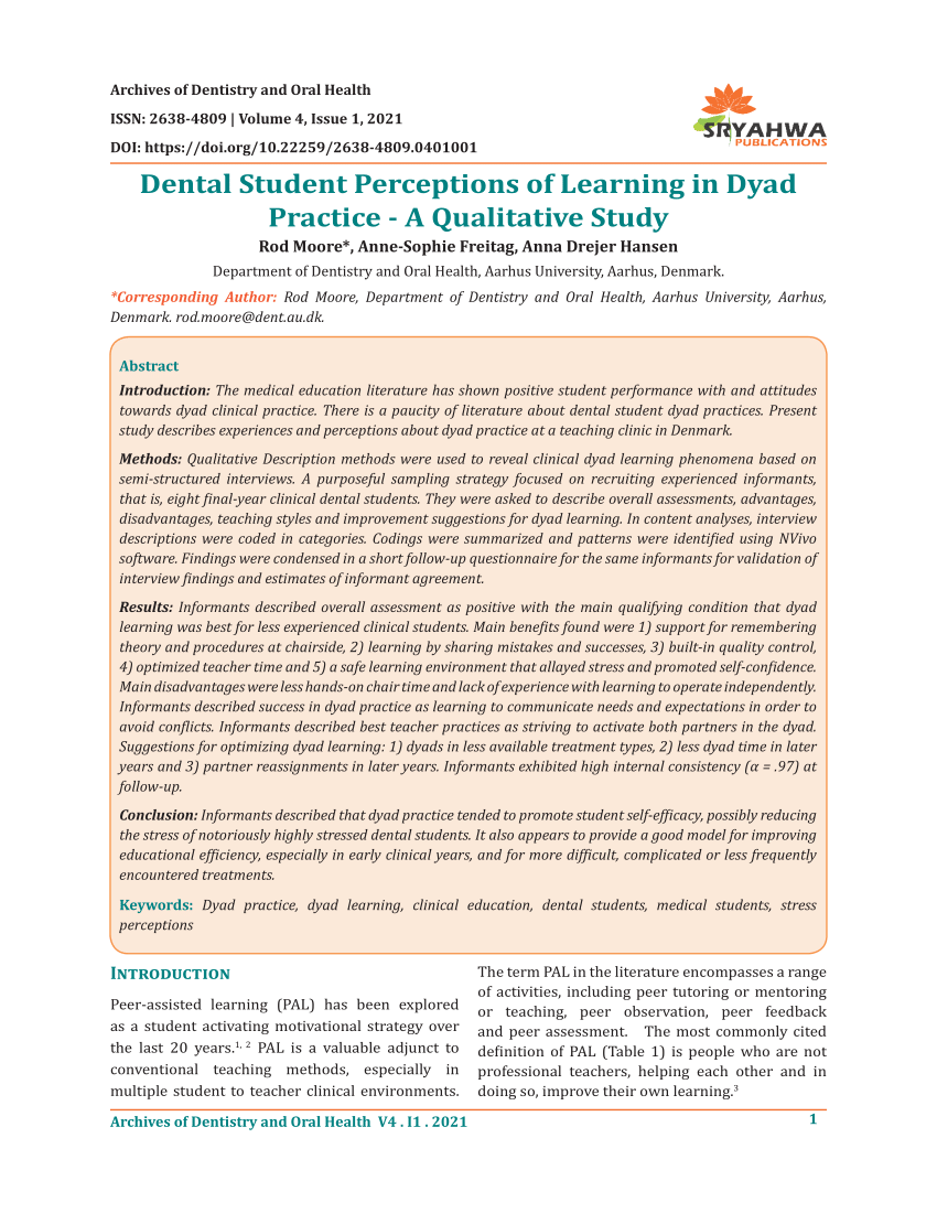 PDF) student perceptions of learning in dyad practice - a study. (Archives of Dentistry and Oral Health)