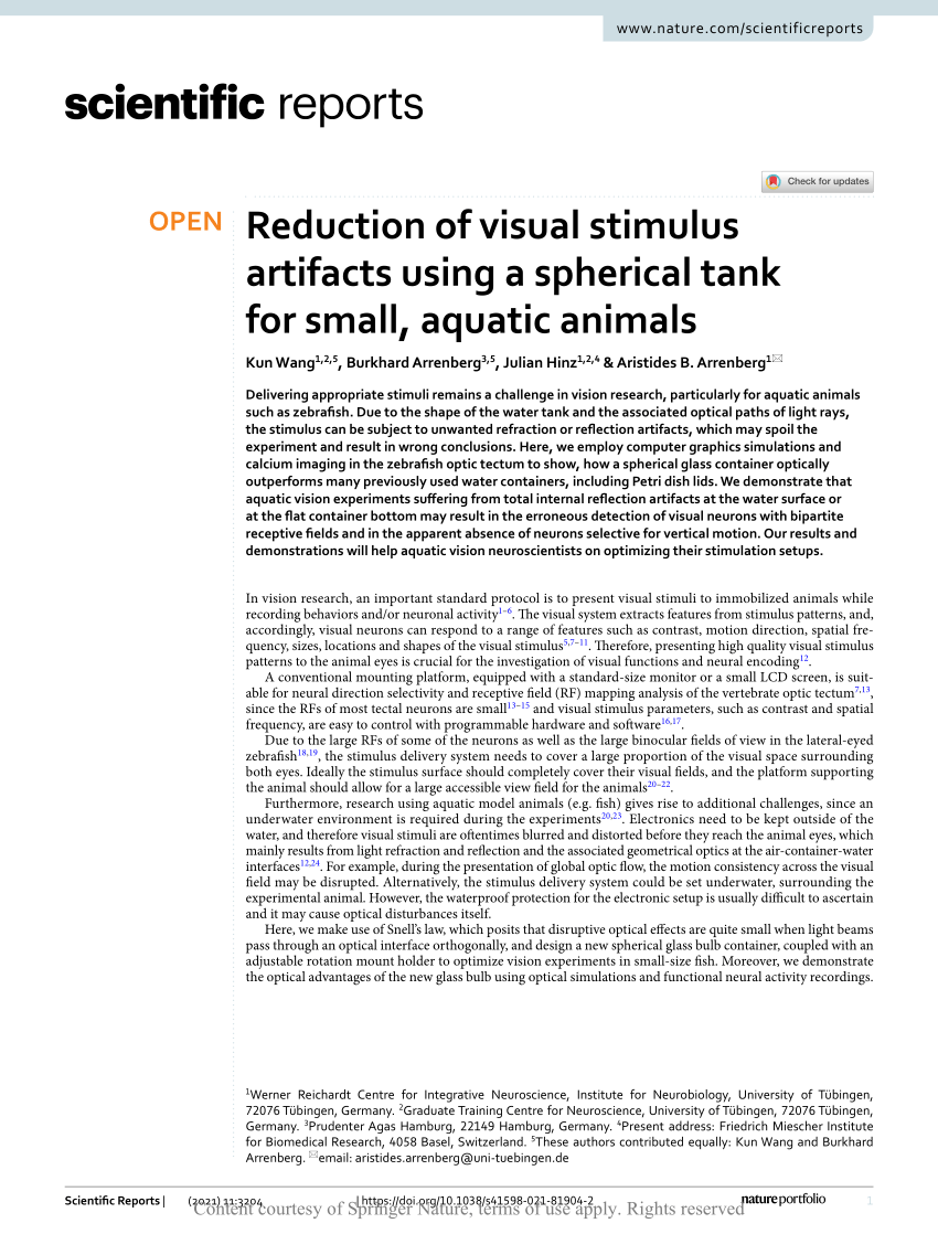 Pdf Reduction Of Visual Stimulus Artifacts Using A Spherical Tank For Small Aquatic Animals