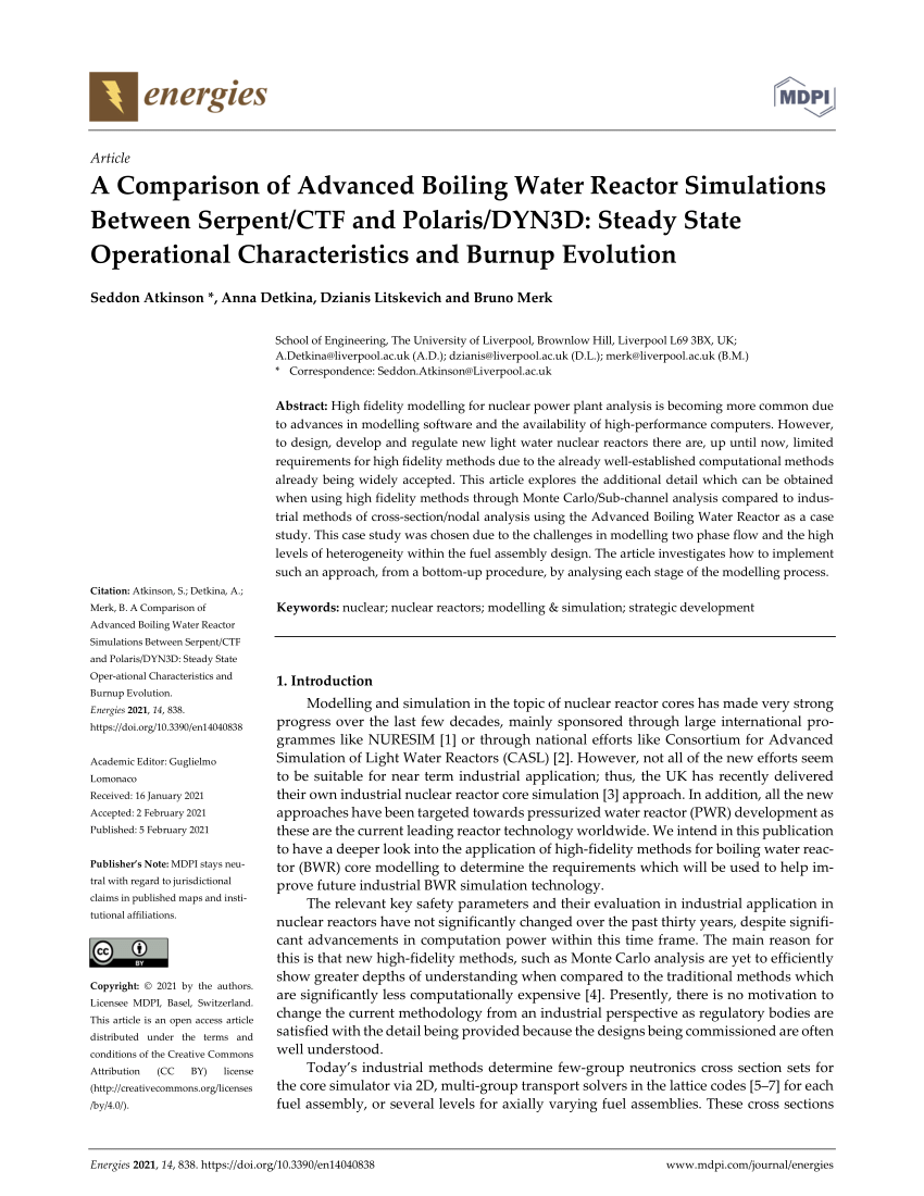 Pdf A Comparison Of Advanced Boiling Water Reactor Simulations Between Serpent Ctf And Polaris Dyn3d Steady State Operational Characteristics And Burnup Evolution