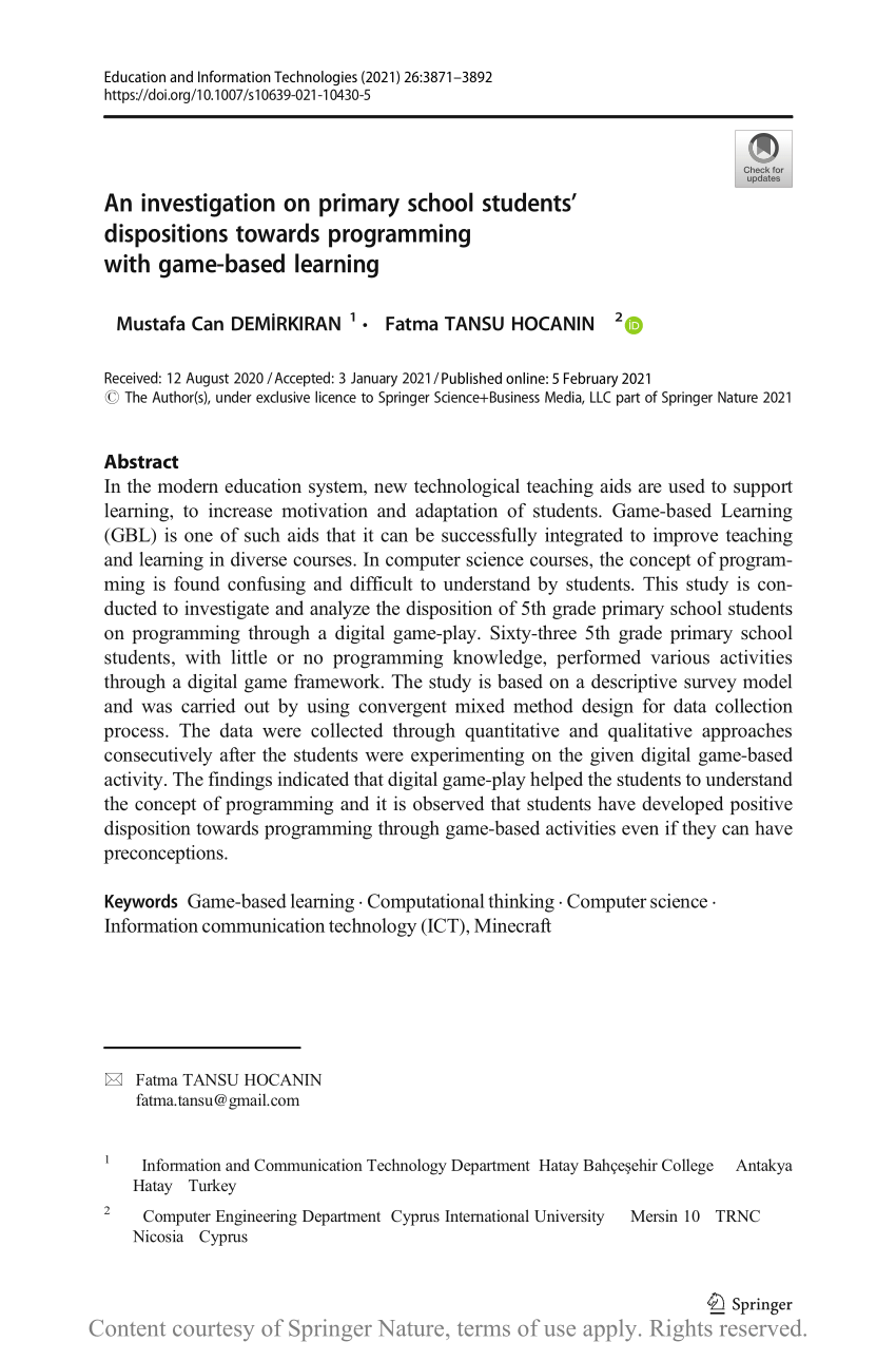An Investigation On Primary School Students Dispositions Towards Programming With Game Based Learning Request Pdf