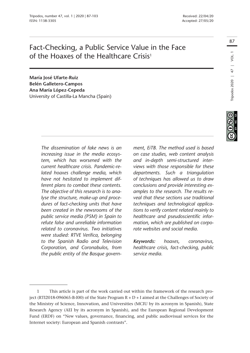 PDF) Fact-Checking, a Public Service Value in the Face of the Hoaxes of the  Healthcare Crisis