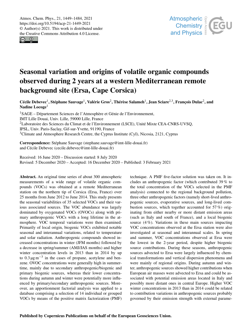 PDF) Seasonal variation and origins of volatile organic compounds observed  during 2 years at a western Mediterranean remote background site (Ersa,  Cape Corsica)