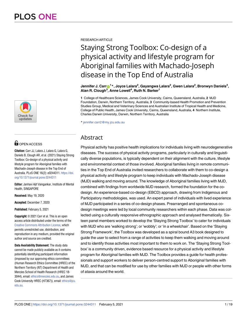 Pdf Staying Strong Toolbox Co Design Of A Physical Activity And Lifestyle Program For Aboriginal Families With Machado Joseph Disease In The Top End Of Australia