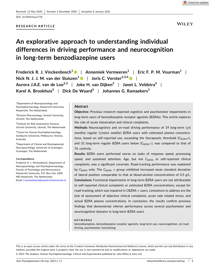 Pdf An Explorative Approach To Understanding Individual Differences In Driving Performance And Neurocognition In Long Term Benzodiazepine Users