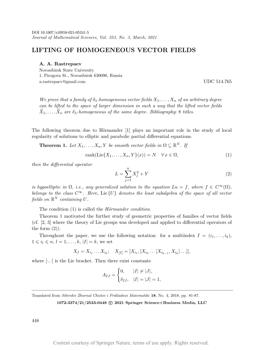 Lifting Of Homogeneous Vector Fields