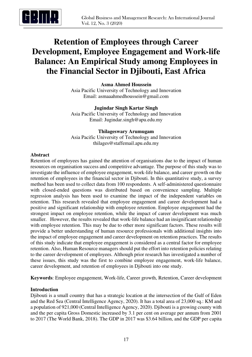 Pdf Retention Of Employees Through Career Development Employee Engagement And Work Life Balance An Empirical Study Among Employees In The Financial Sector In Djibouti East Africa