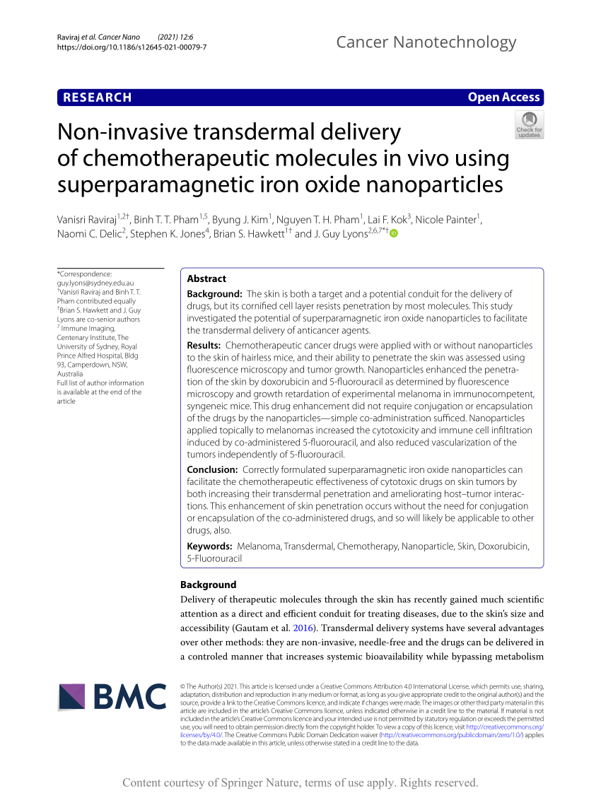 Pdf Non Invasive Transdermal Delivery Of Chemotherapeutic Molecules In Vivo Using Superparamagnetic Iron Oxide Nanoparticles