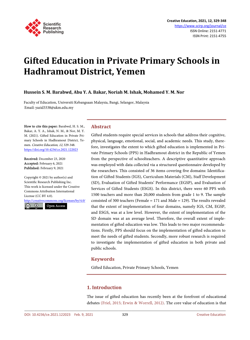 Pdf Gifted Education In Private Primary Schools In Hadhramout District Yemen