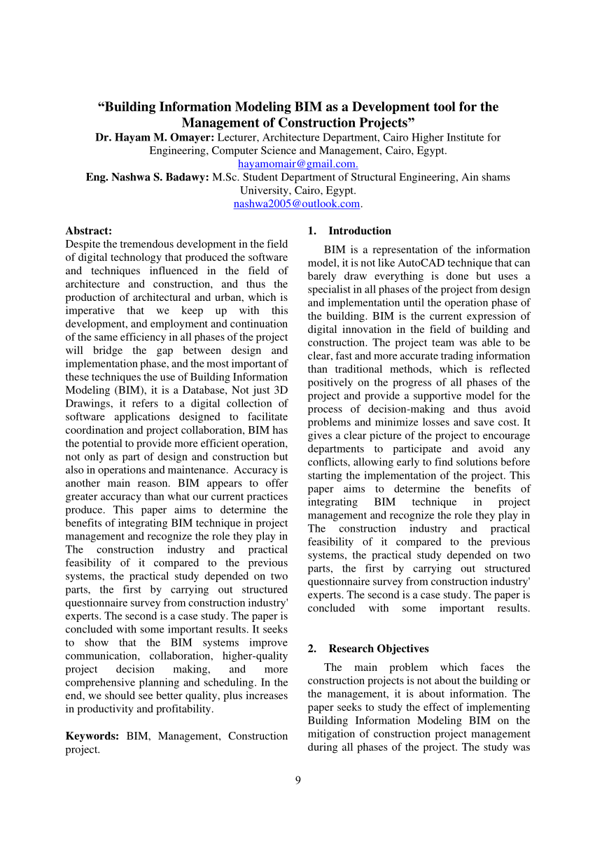 Pdf Building Information Modeling Bim As A Development Tool For The Management Of Construction Projects