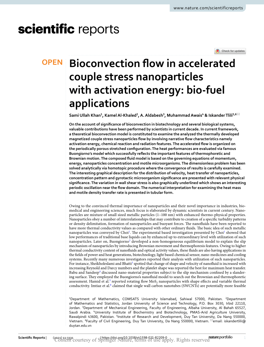 Pdf Bioconvection Flow In Accelerated Couple Stress Nanoparticles With Activation Energy Bio Fuel Applications