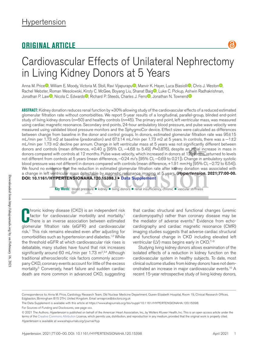 PDF Cardiovascular Effects of Unilateral Nephrectomy in Living  