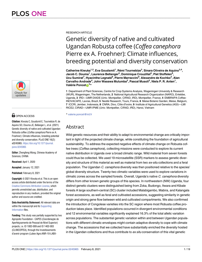 Pdf Genetic Diversity Of Native And Cultivated Ugandan Robusta Coffee Coffea Canephora Pierre Ex A Froehner Climate Influences Breeding Potential And Diversity Conservation