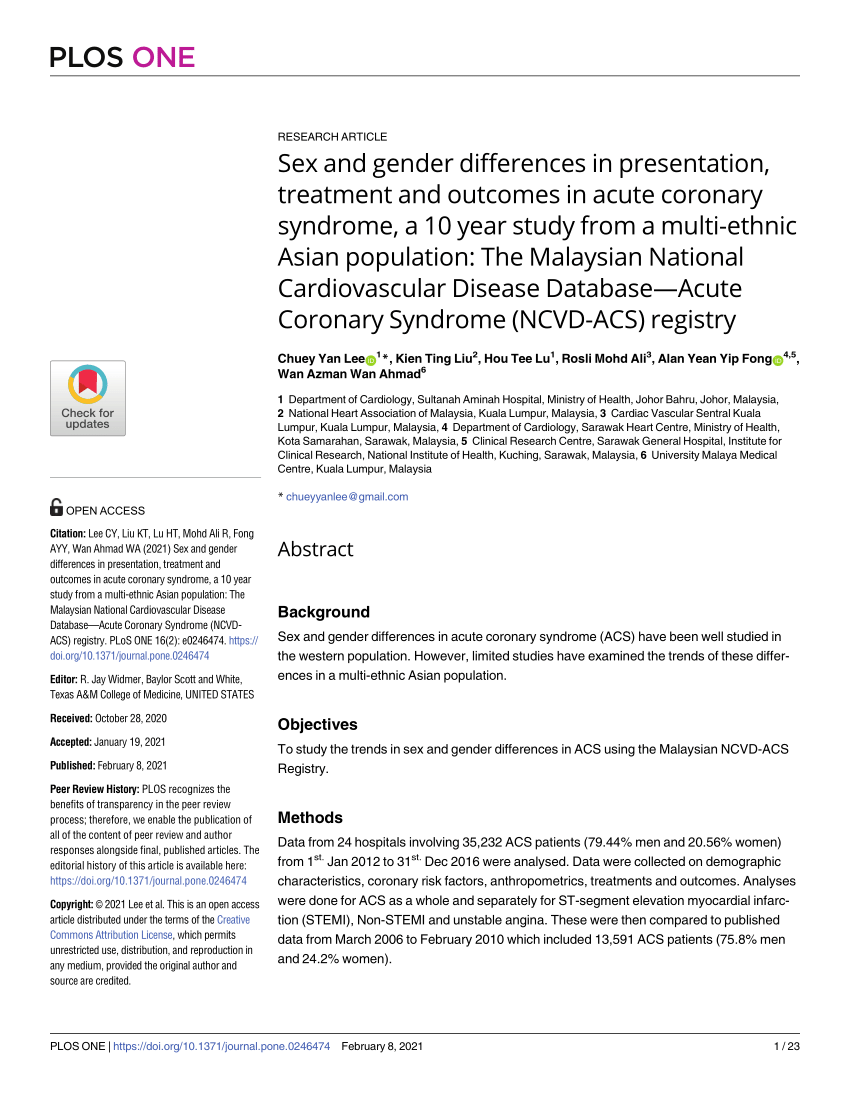 Pdf Sex And Gender Differences In Presentation Treatment And Outcomes In Acute Coronary Syndrome A 10 Year Study From A Multi Ethnic Asian Population The Malaysian National Cardiovascular Disease Database Acute Coronary Syndrome Ncvd Acs