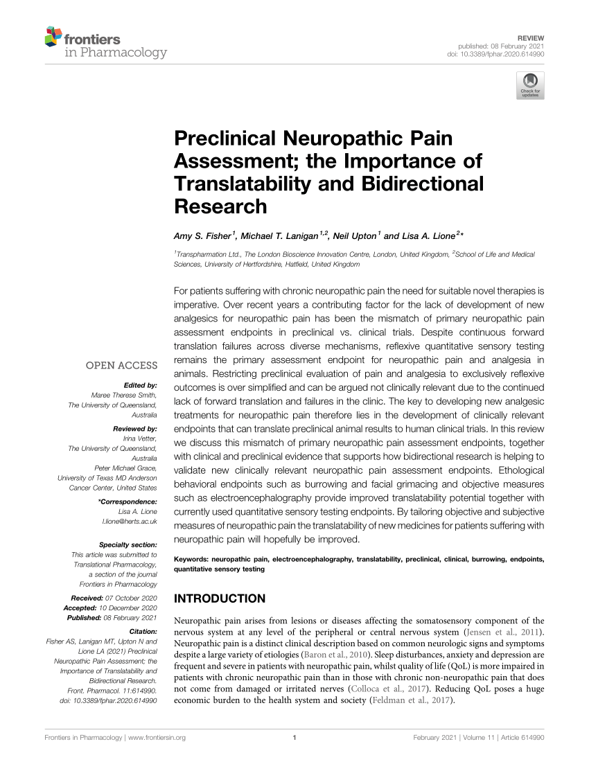 PDF) Preclinical Neuropathic Pain Assessment; the Importance of  Translatability and Bidirectional Research