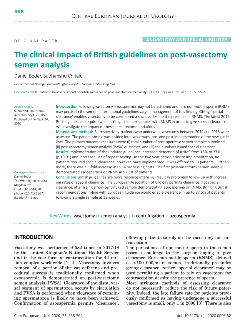 Pdf The Clinical Impact Of British Guidelines On Post Vasectomy Semen Analysis 