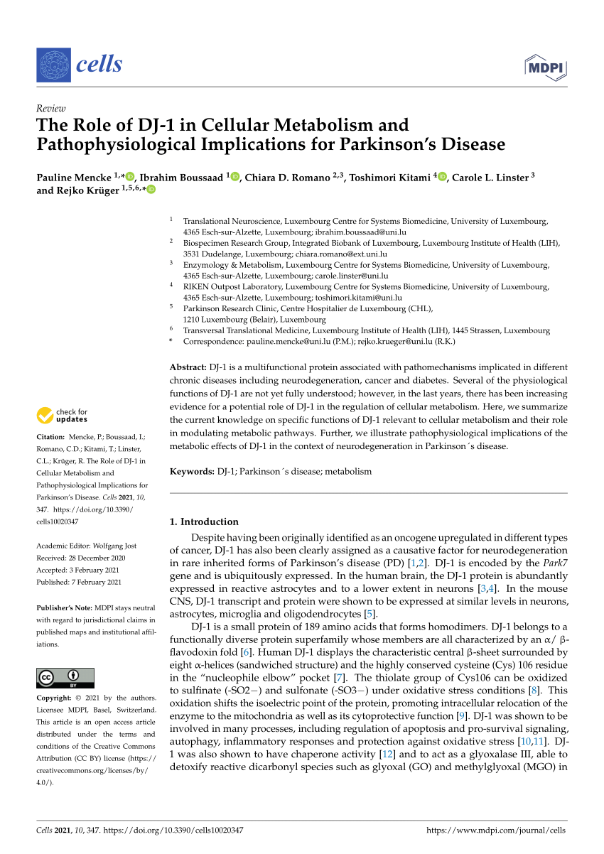 Pdf The Role Of Dj 1 In Cellular Metabolism And Pathophysiological Implications For Parkinson S Disease