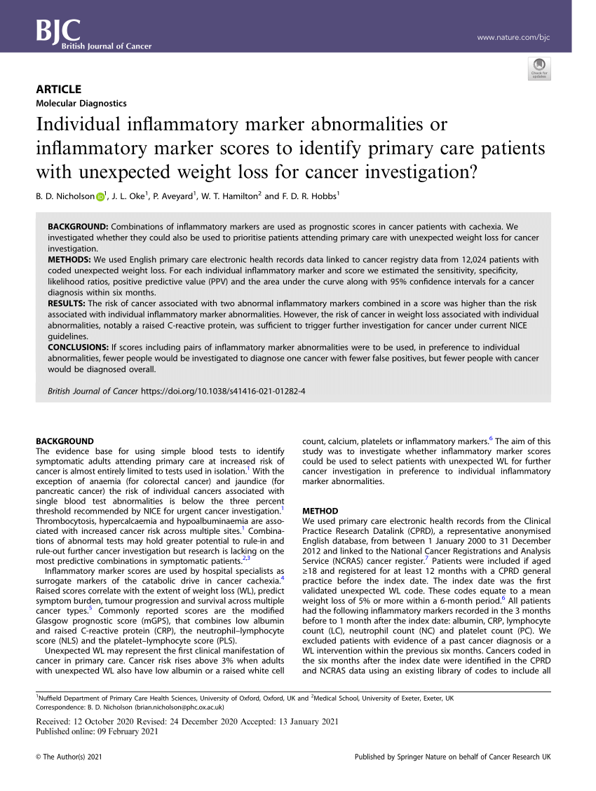 Pdf Individual Inflammatory Marker Abnormalities Or Inflammatory Marker Scores To Identify Primary Care Patients With Unexpected Weight Loss For Cancer Investigation