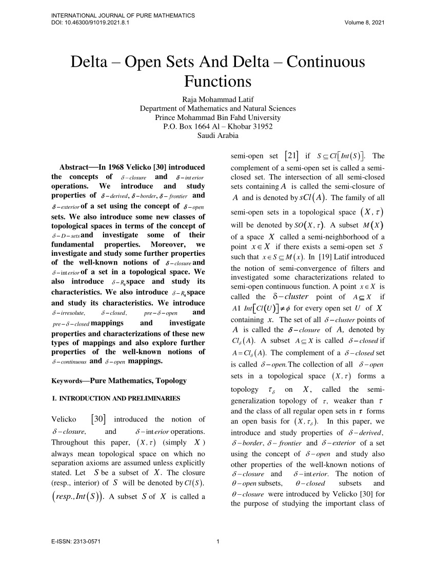 (PDF) Delta Open Sets And Delta Continuous Functions