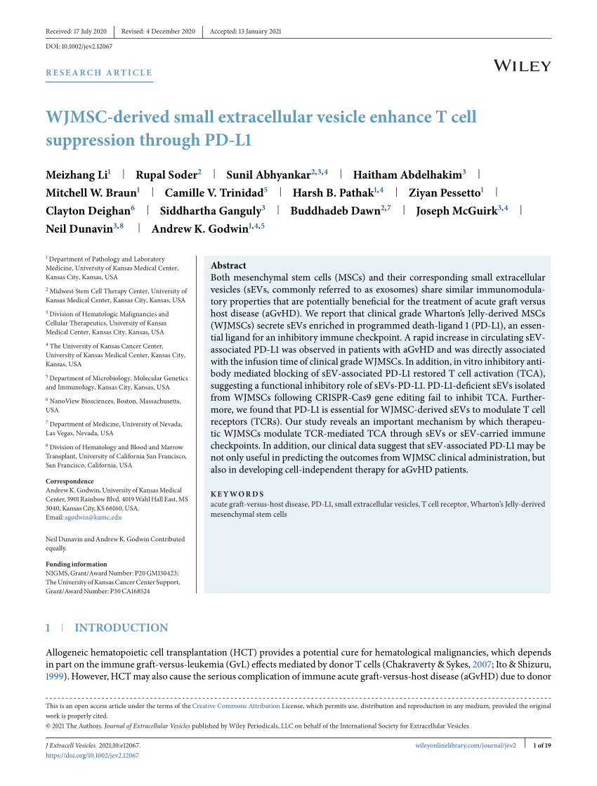 Pdf Wjmsc Derived Small Extracellular Vesicle Enhance T Cell Suppression Through Pd L1