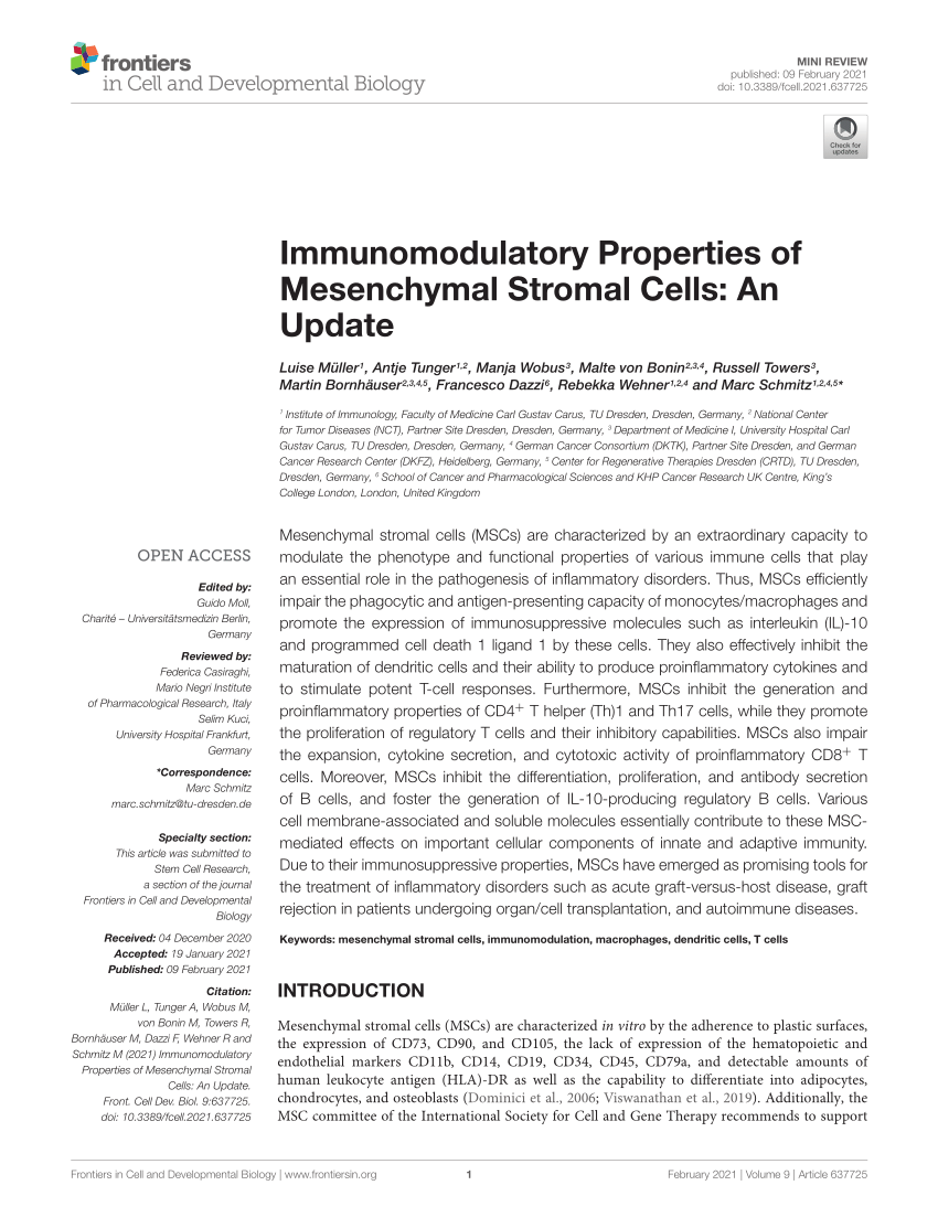 Pdf Immunomodulatory Properties Of Mesenchymal Stromal Cells An Update
