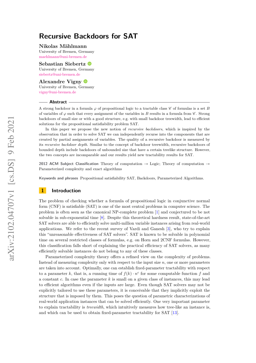 Pdf Recursive Backdoors For Sat