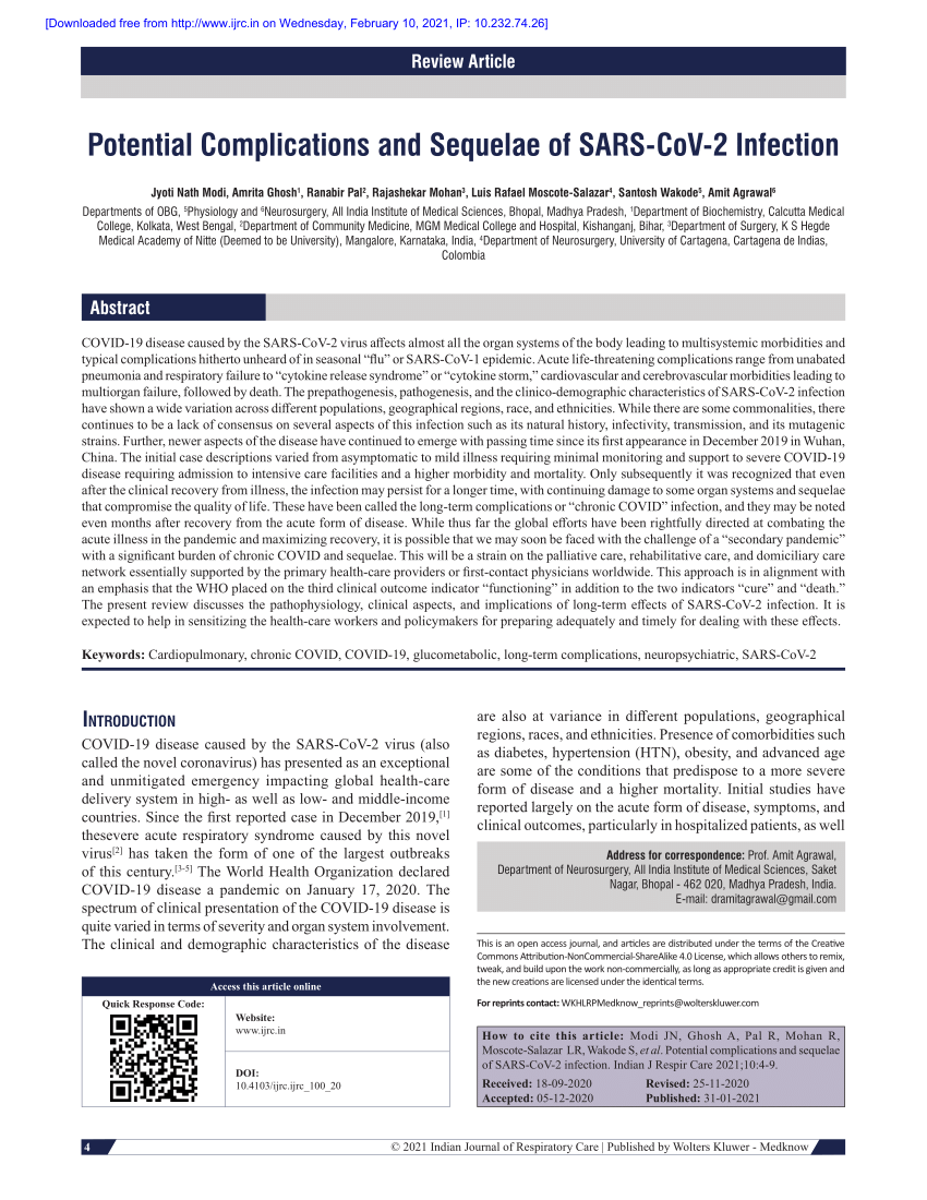 Pdf Potential Complications And Sequelae Of Sars Cov 2 Infection