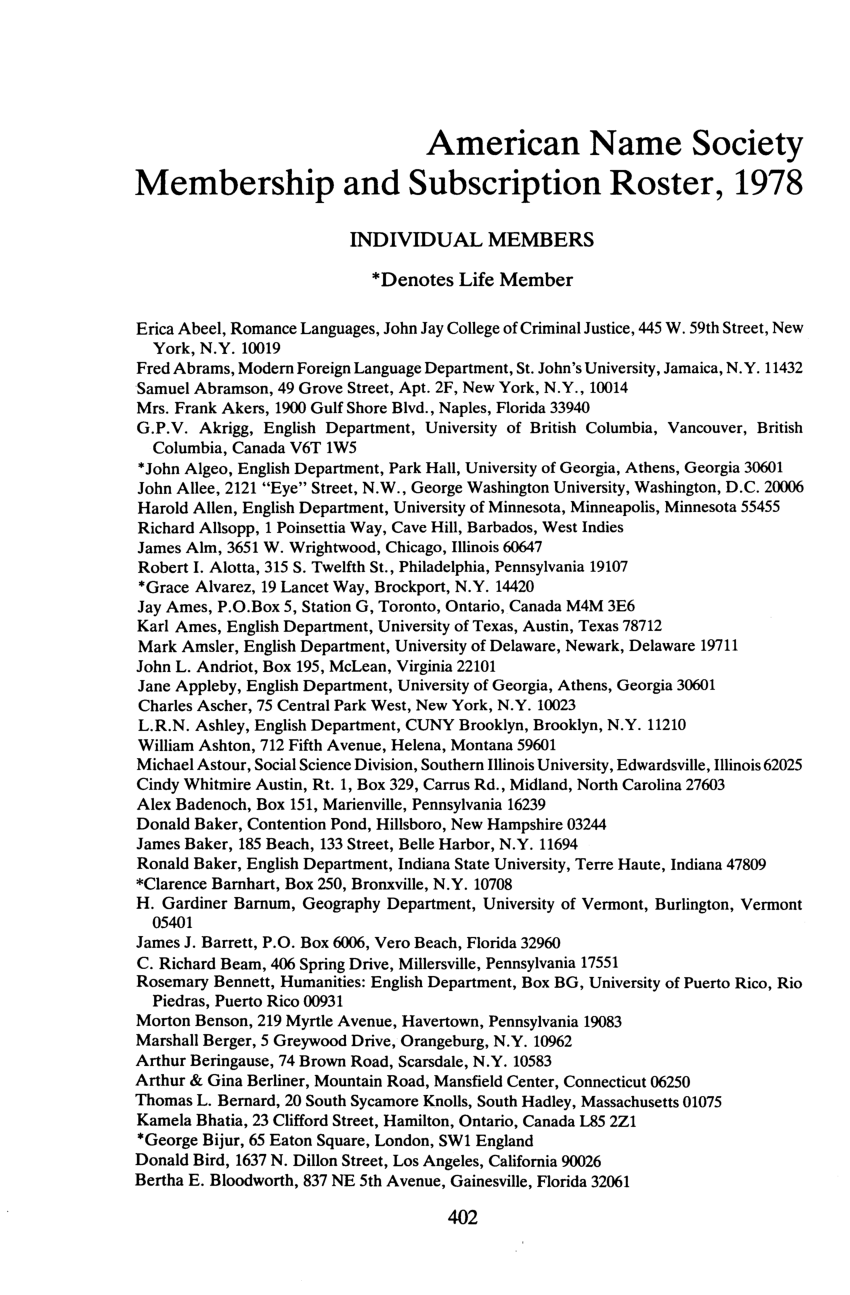 (PDF) American Name Society Membership and Subscription Roster, 1978