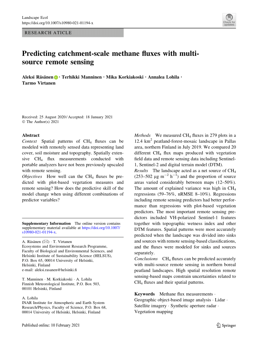 Pdf Predicting Catchment Scale Methane Fluxes With Multi Source Remote Sensing